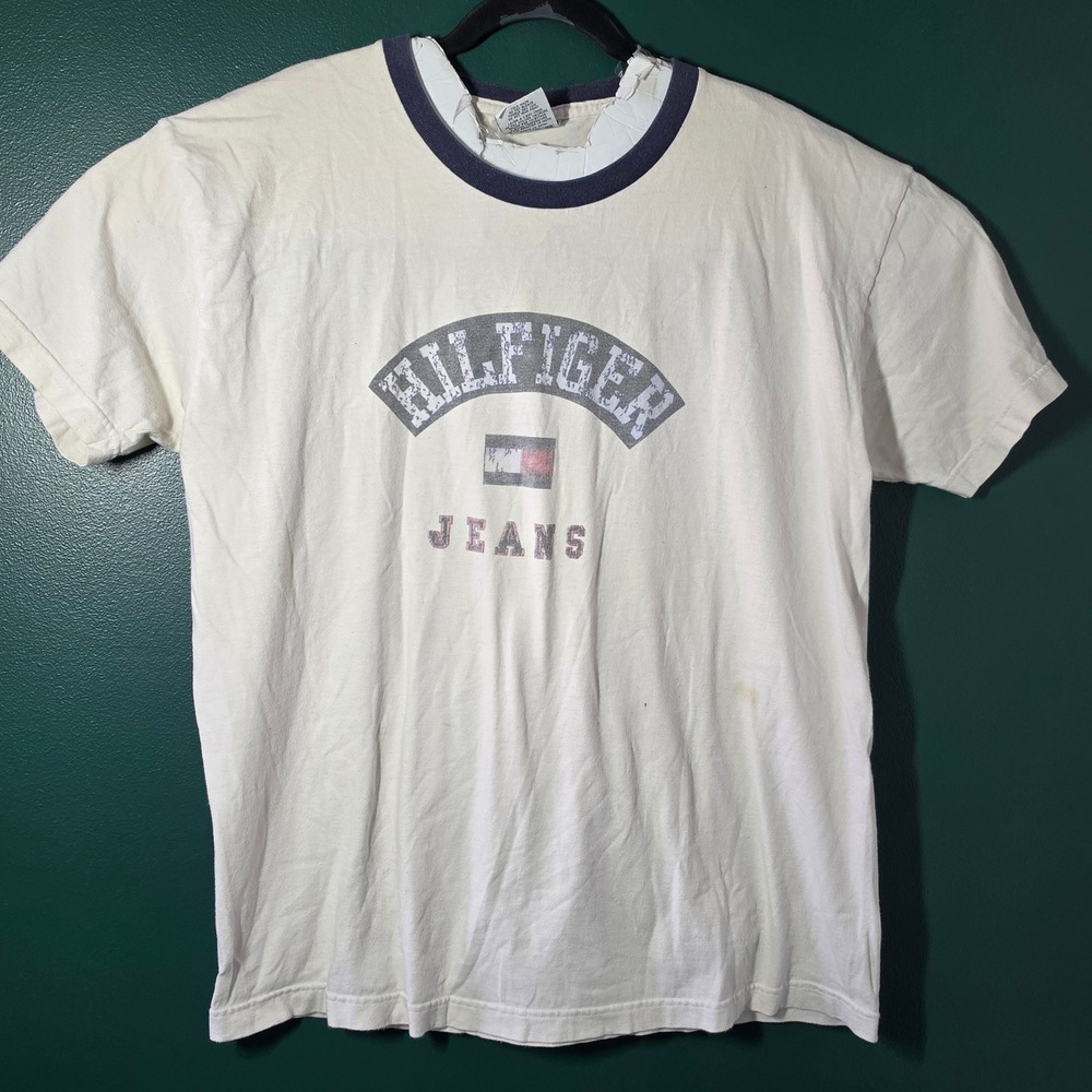 Vintage Tommy Jeans Ringer T-Shirt Mens Large White Navy Blue Arch Logo 90s